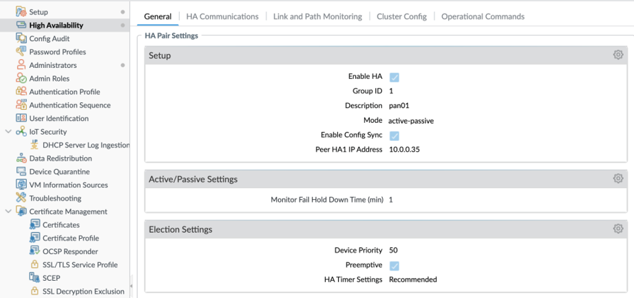 HA Pair Settings